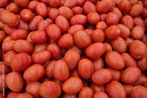 Organic, red, Roma tomatoes at food market.  © Loren Biser