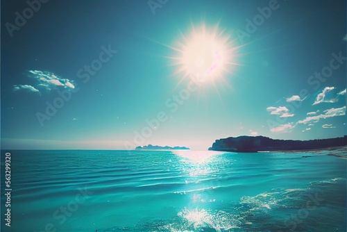 Tropical blue sea under the sun with islands in the background - Generated by Generative AI