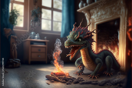Cute fire dragon child, a baby dragon creature. Fantasy creature, a funny tiny fire dragon inside a stylish house. Generative AI illustration © Madrugada Verde
