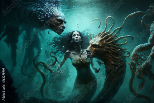 Fantasy creatures swimming and dancing under the water, alien monsters beautiful mermaids. Dream-like scene. Generative AI illustrationon