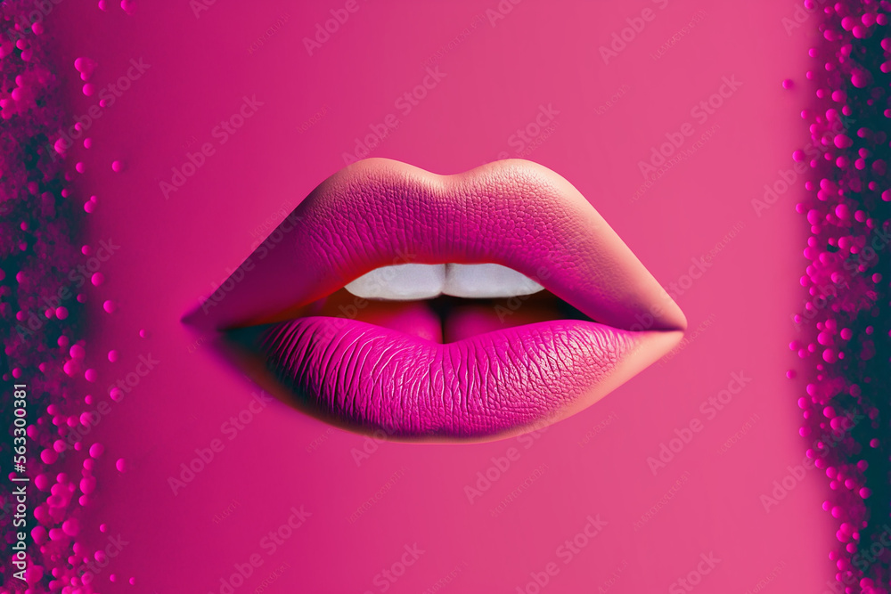 plump female lips magenta background Pop art Beauty Cosmetic Macro Space for text 80s 90s Magenta background Generative AI