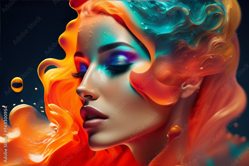 Generative AI abstract multicolored painting face of beautiful woman with bright make up and colorful wavy hairstyle. Fashion and beauty concept