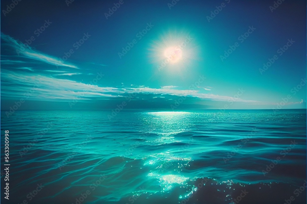 Tropical blue sea under the sun with clouds in the horizon - Generated by Generative AI Tropical blue sea under the sun with clouds in the horizon - Generated by Generative AI