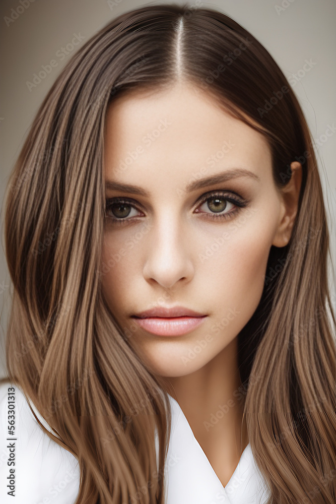 Beautiful portrait of a female model with long brown hair. Created with Generative AI Beautiful portrait of a female model with long brown hair. Created with Generative AI
