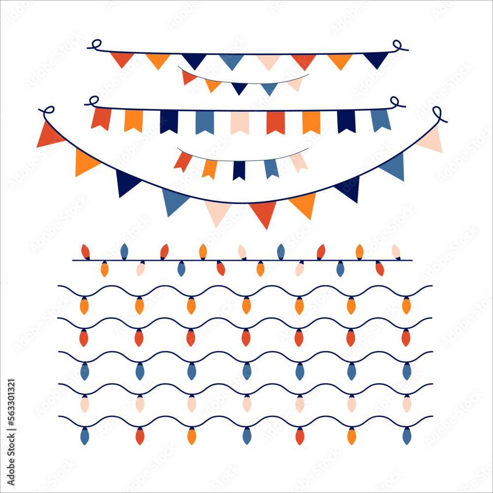 Obraz premium Strings of holiday lights and birthday flags white background. Vector illustration