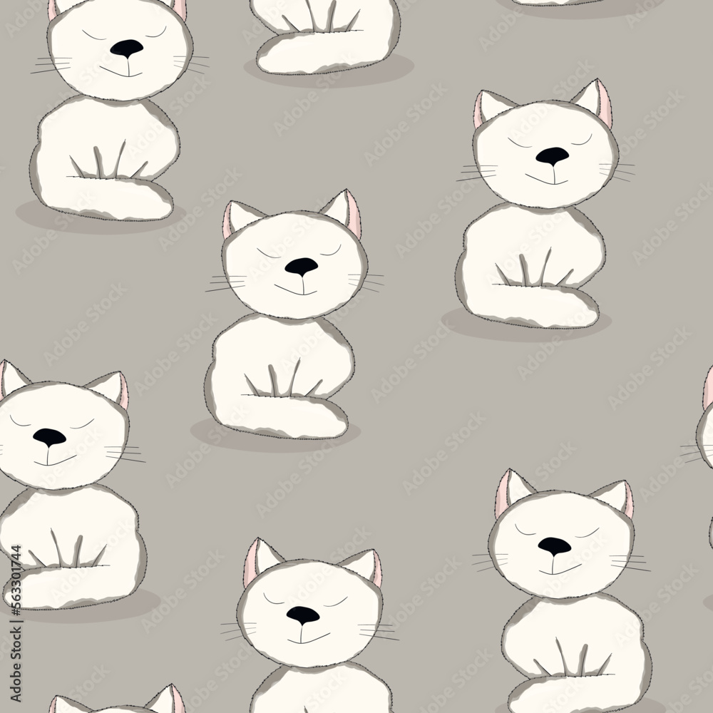 Seamless pattern with cute kitten print. Different scandy cats on color background. Scandinavian style illustration for kids. Vector illustration for fabric, textile, wallpaper, home clothing, pajama