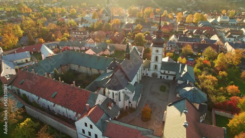 Aerial view of the Stary Sacz town in autumn at sunset, Poland photo