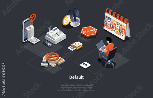 Global World Financial Crisis Concept. Default, Devaluation, Stock Market Crash. Stressed Man Investor Lose Money And Investments. Downfall, Inflation And Recession. Isometric 3d Vector Illustration