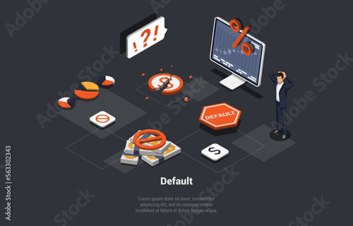 Global World Financial Crisis. Default, Devaluation, Stock Market Crash. Shocked Investor Losing Money And Investments. Downfall, Inflation And Recession. Isometric 3d Cartoon Vector Illustration