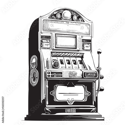 Casino slot 777 machine hand drawn engraving sketch Vector illustration