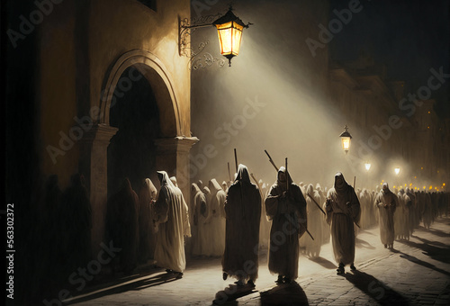 Night Procession of Nazarenes in Spain Illustration, Holy Week Procession, Hooded Penitents Parade, Generative AI photo