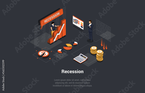 Concept Of Recession, Inflation, Bankruptcy. Decline in Manufacturing or Slowdown in Economic Growth, Mass Dismissal, Downtrend. People Losing Investments. Isometric Cartoon 3D Vector illustration