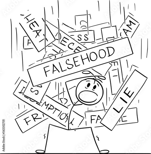 Person Buried Under Lies and Falsehood , Vector Cartoon Stick Figure Illustration