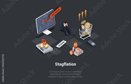 Stagflation, Unemployment, Bankruptcy, Unpaid Loans And Mass Dismissal. Man Lost Capital. Economic Policy Dilemma , High Inflation, Exacerbate Unemployment. Isometric 3D Cartoon Vector Illustration