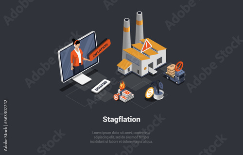 Stagflation, Unemployment, Bankruptcy, Unpaid Loans And Mass Dismissal. Crisis At Manufacturing, Economic Policy Dilemma , High Inflation, Exacerbate Unemployment. Isometric 3D Vector Illustration