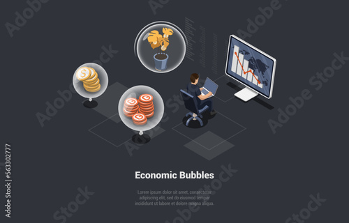Economic Bubbles, Startup, Ponzi Scheme, Financial Pyramid, Venture, High-risk investments. Male Character Making Risk Investments In Order To Make Profit. Isometric 3d Cartoon Vector Illustration