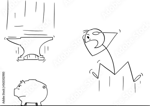Person Shocked by Inflation Crushing Savings , Vector Cartoon Stick Figure Illustration