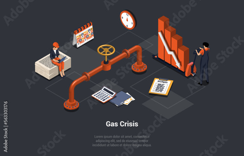 Natural Gas Crisis, Embargo, Default, Economy Crisis, Bankruptcy. People Workers Making Natural Gas Supplies, Planning Budget And Control Mutual Settlements. Isometric 3D Cartoon Vector illustration