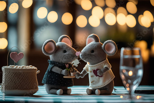 cute felt mice couple on a romantic date, sharing their love for each other on valentine's day, romantic setting, valentine's day date © Raluca