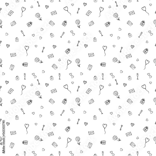 Valentine's day pattern. Seamless pattern with hearts, giftbox, flowers. Love background