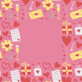 Valentine's day frame. Seamless background with hearts, giftbox, flowers. Love background