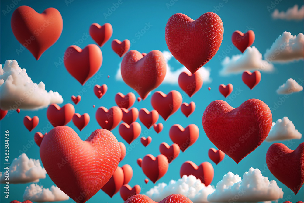 Valentines day. Heart shape red balloons flying on blue sky background. AI generative