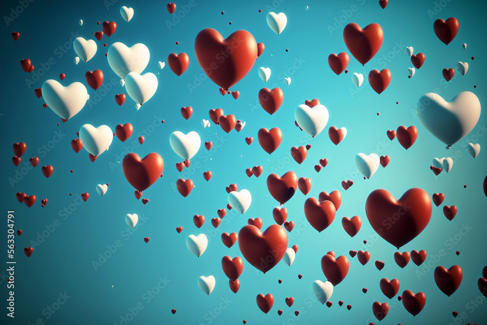 Valentines day. Heart shape red and white balloons flying on blue sky background. AI generative