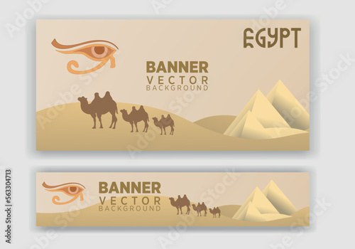 Vector abstract graphic design Egypt Banner. Vector horizontal banner template with horus eye, camels and pyramids, abstract design.