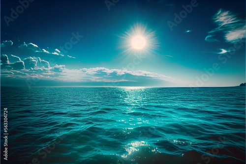 Tropical blue sea under the sun with clouds in the horizon - Generated by Generative AI