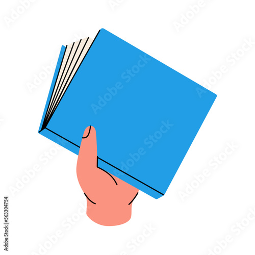 Hand holding closed book. Read more. Bookstore, library, book shop illustration. Literature, dictionaries, encyclopedias, planners.
