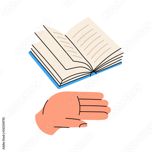 Hand with open book. Bookstore, library, book shop illustration. Read more. Literature, dictionaries, encyclopedias, planners.