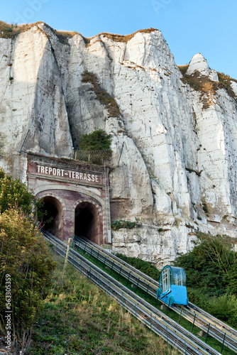the blue funicular in le treport, normandy, france photo