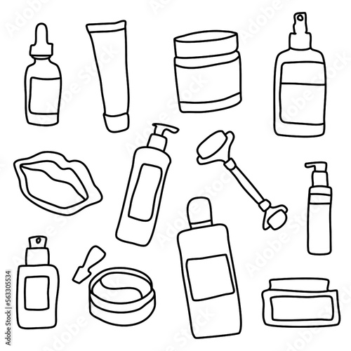 Doodle set of skin, hair and body care cosmetic products. Line art. Vector illustration of beauty packaging. Isolated on white. For makeup stores, hair salons, spa. Cosmetology and beauty concept