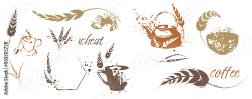 Grain plants silhouettes and cereal bowls. Coffee cups  beans and breakfast elements. Wheat  barley and ears of corn. Vector sketch illustration for food packaging design template.