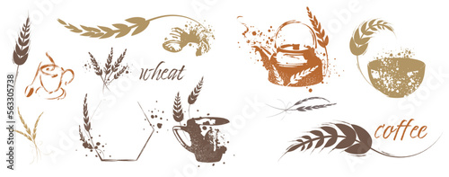 Wallpaper Mural Grain plants silhouettes and cereal bowls. Coffee cups, beans and breakfast elements. Wheat, barley and ears of corn. Vector sketch illustration for food packaging design template. Torontodigital.ca