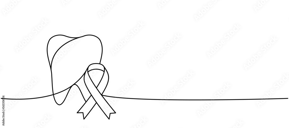 Tooth with ribbon one line continuous drawing. Cancer awareness ribbon ...