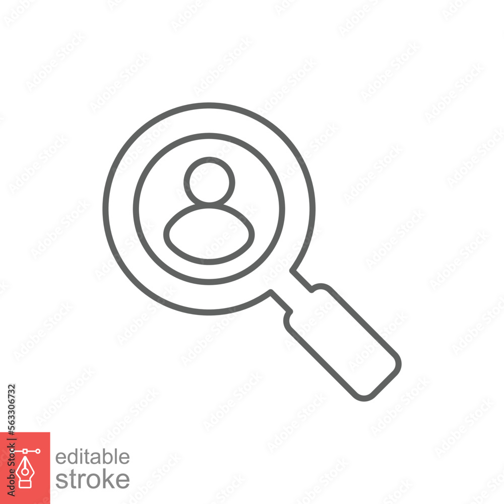 Search job vacancy icon. Simple outline style. Magnifying glass, find people employer business concept. Hire candidate, recruit, competition line symbol. Vector illustration. Editable stroke EPS 10.