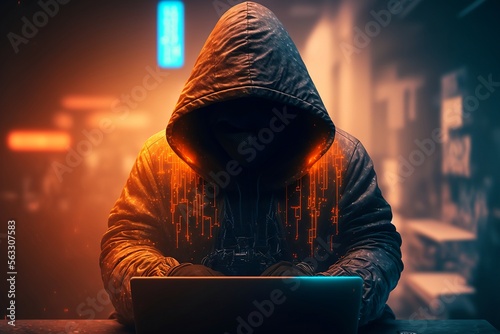 Abstract hooded hacker with hidden face, working on laptop,Technology cyberpunk background ,Cinematic ,Generative ai