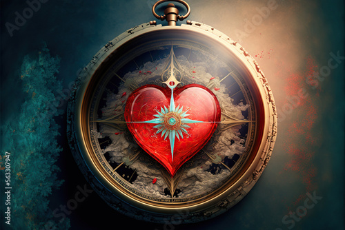 Beautiful fantasy compass in the shape of a heart, Generative AI photo