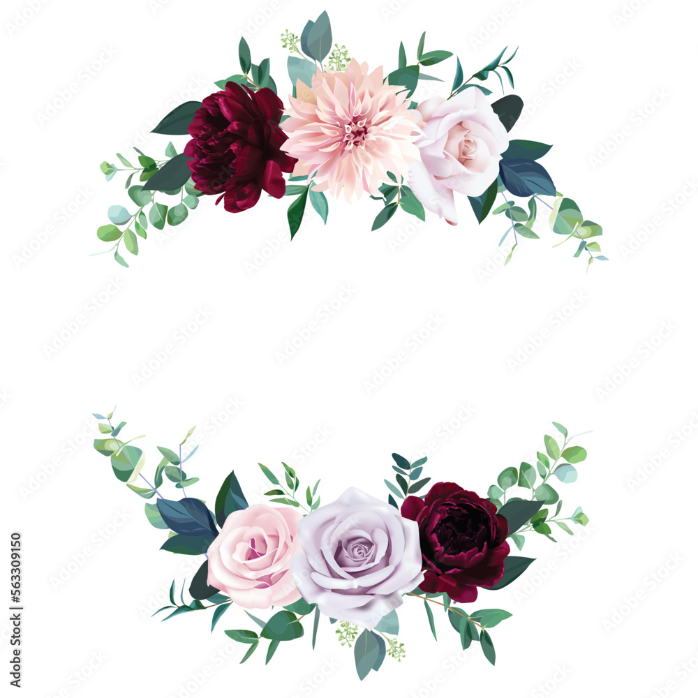 floral arrangements of peony, dahlia, roses and leaves. Botanic decoration illustration for wedding card, fabric, and logo composition