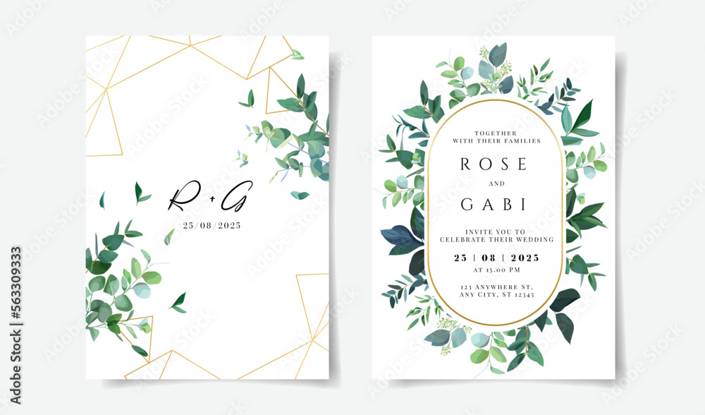 wedding invitation card set template design with greenery leaf and branch