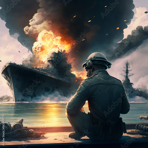 Man Watching a War Ship Being Destroyed Illustration Generated by Artificial Intelligence