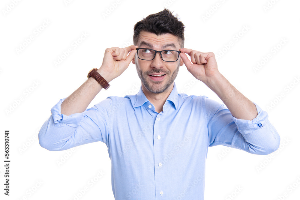 dreamy man in eyewear isolated on white background. dreamy man wearing eyewear in studio. dreamy man in eyewear isolated on white background. dreamy man wearing eyewear in studio.