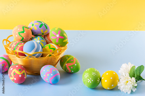 Easter eggs many color in basket for easter background