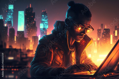 Abstract hooded hacker with hidden face, working on laptop,Technology cyberpunk background ,Cinematic ,Generative ai © dhiyaeddine