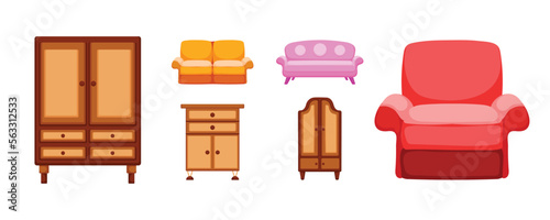 Home furniture in cartoon character.there are wardrobe,cupboard,sofa,house stuff living,