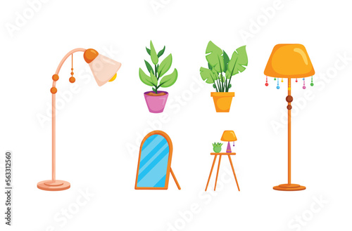 Home furniture in cartoon character.there are Lamp,Mirror,Houseplant,table.stuff living,
