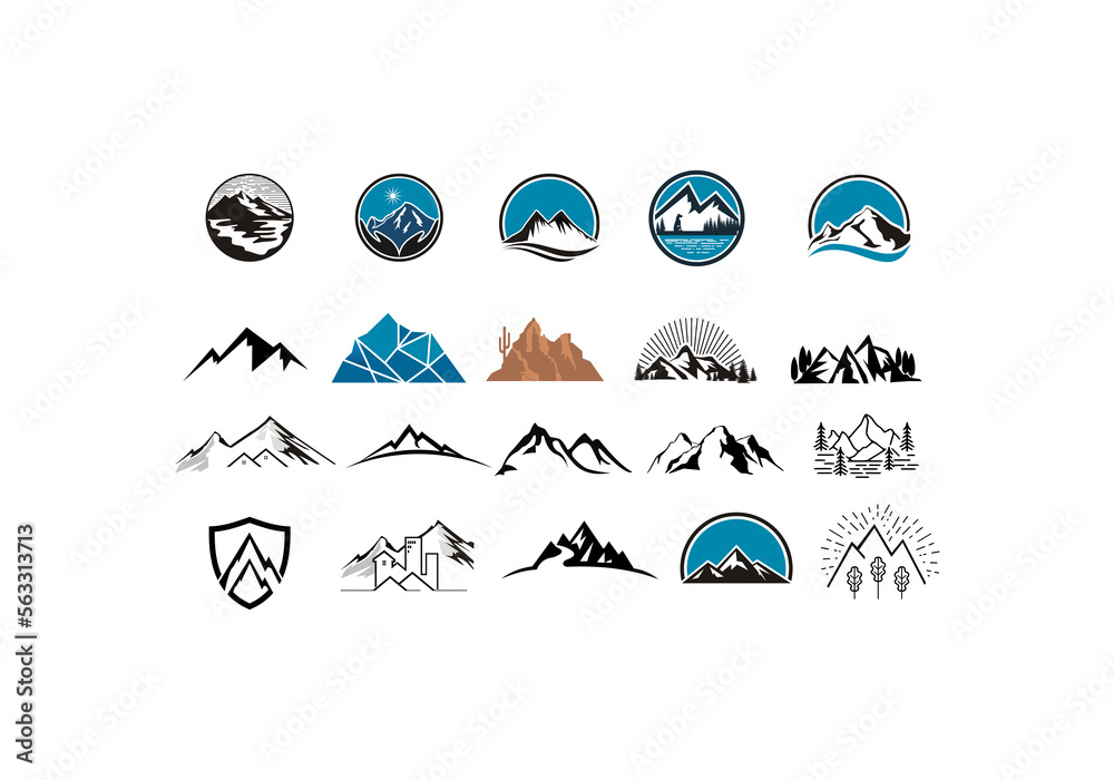 Mountain logo flat vector illustration set. logo stamp collection of rocky mountain top peaks, camping outdoor adventure - obrazy, fototapety, plakaty 