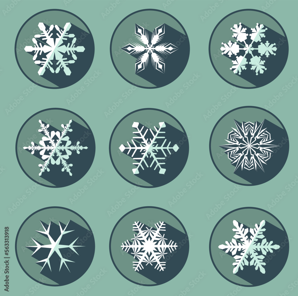 Set of nine stylish white snowflakes with shadows. New Year's attributes in trendy colors of 2023. The illusion of a three-dimensional image.