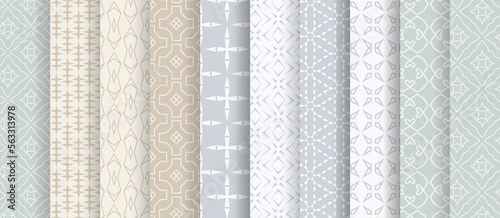A set of 10 light background patterns with ornaments. White and beige colors. Seamless pattern, texture. Geometric backgrounds. Flat design. Vector illustration